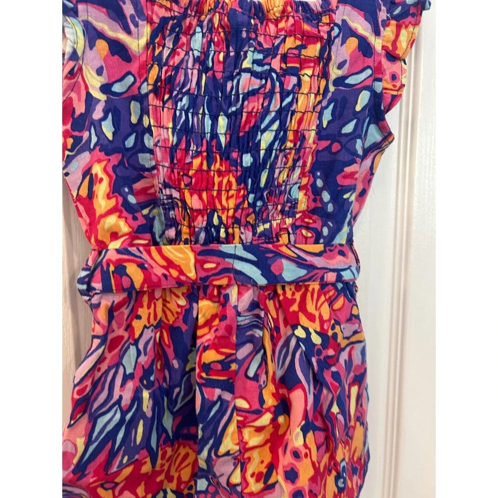 Vince Camuto Romper Multi-Color Abstract Floral Ruffle Smocked Tie Waist Kids 3T